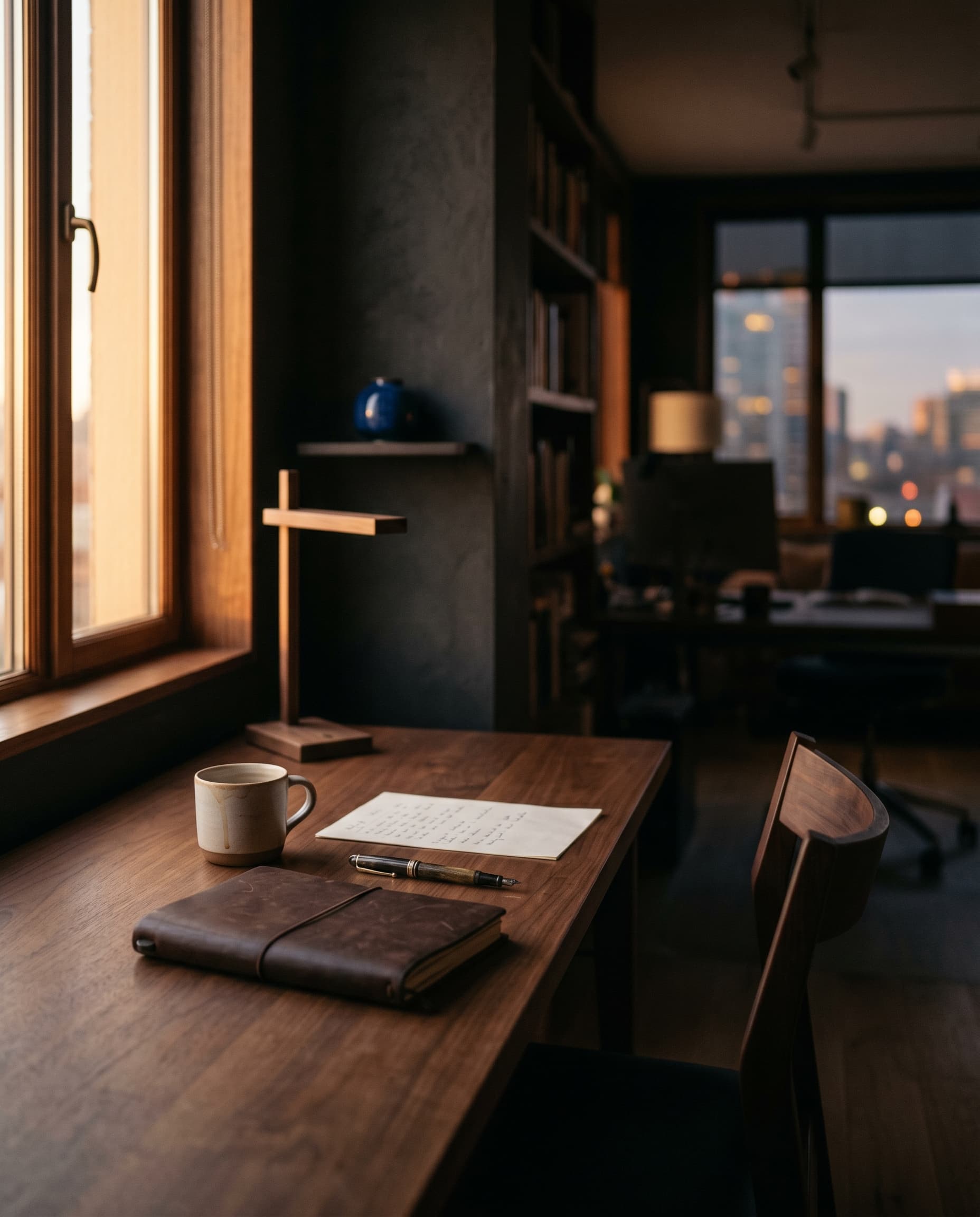 A quiet workspace at dusk — wooden desk, leather notebook, fountain pen, handwritten notes, coffee cup, warm window light. The atmospheric backdrop of the operation.