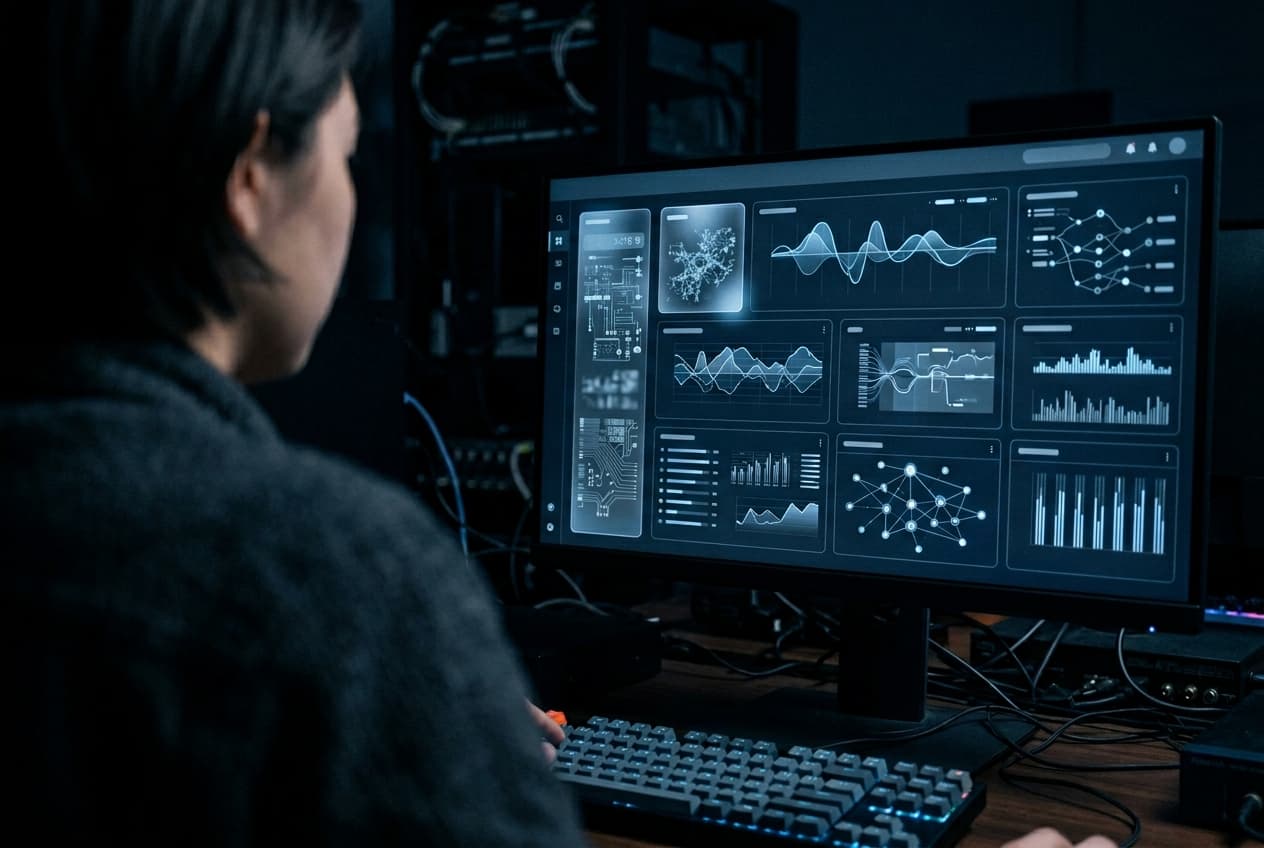 An operator at a Nuvora Link workstation, late shift, dashboards live.