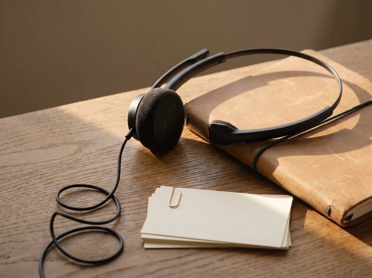 A call headset resting on a leather notebook on a wooden desk in late afternoon light